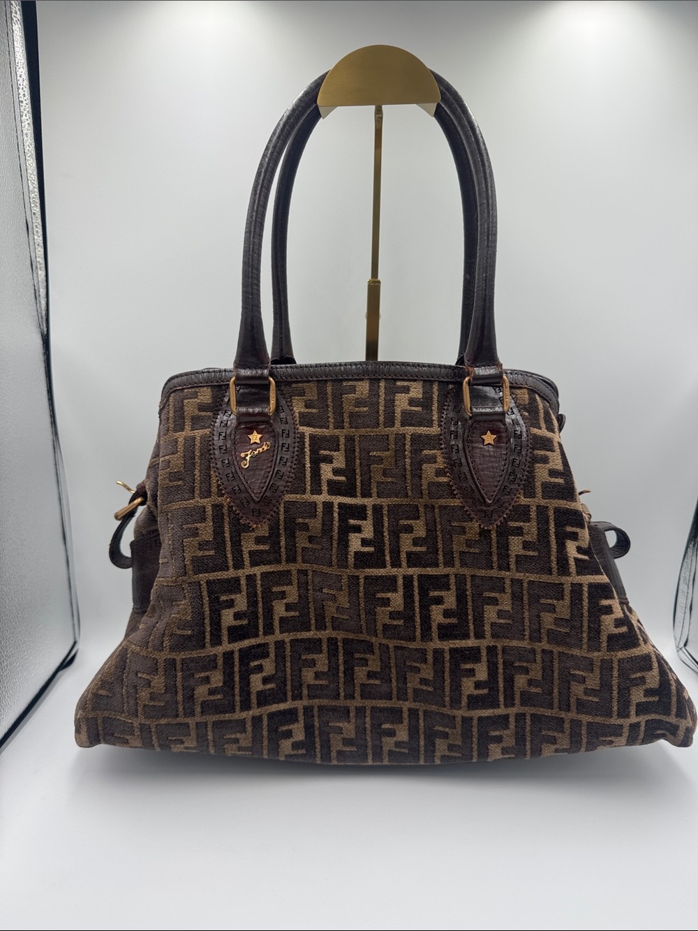 Fendi Brown Monogram Zucca Canvas Tote with Leather Trim -Vintage